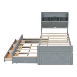 English Elm Twin Storage Bed with Headboard Outlets, Extendable Trundle & 3 Drawers, Durable MDF/Plywood Design Gray 45.5 L x 21.5 W x 8 H N733S172839E
