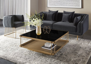 Sunpan Finch Coffee Table - Stunning Mid-Century Design with Black Glass Top & Antique Brass Shelf, 40" Square