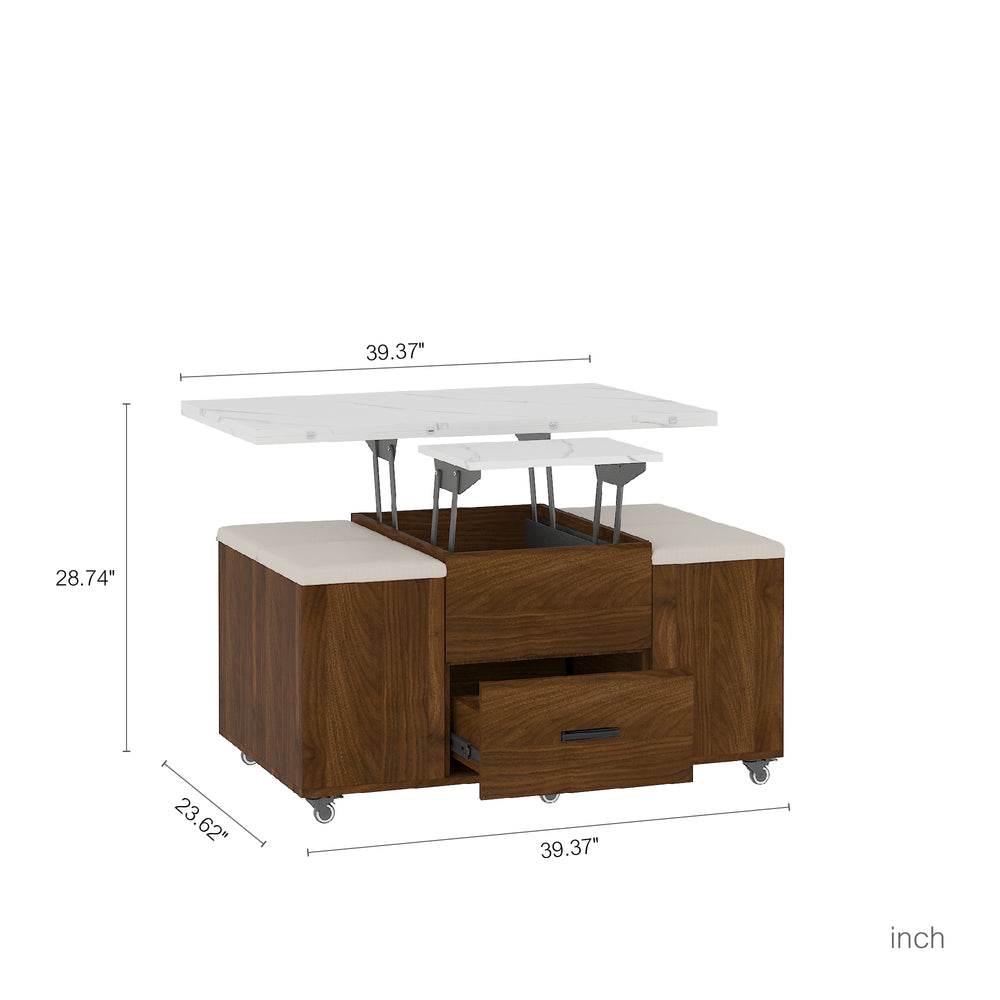 English Elm Modern Lift-Up Coffee Table with 4 Stools Set — Space-Saving Convertible Dining Table with Hidden Storage and Cushioned Seating White,Wood 44.88 L x 28.54 W x 6.69 H W1321S00026