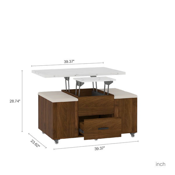 English Elm Modern Lift-Up Coffee Table with 4 Stools Set — Space-Saving Convertible Dining Table with Hidden Storage and Cushioned Seating White,Wood 44.88 L x 28.54 W x 6.69 H W1321S00026