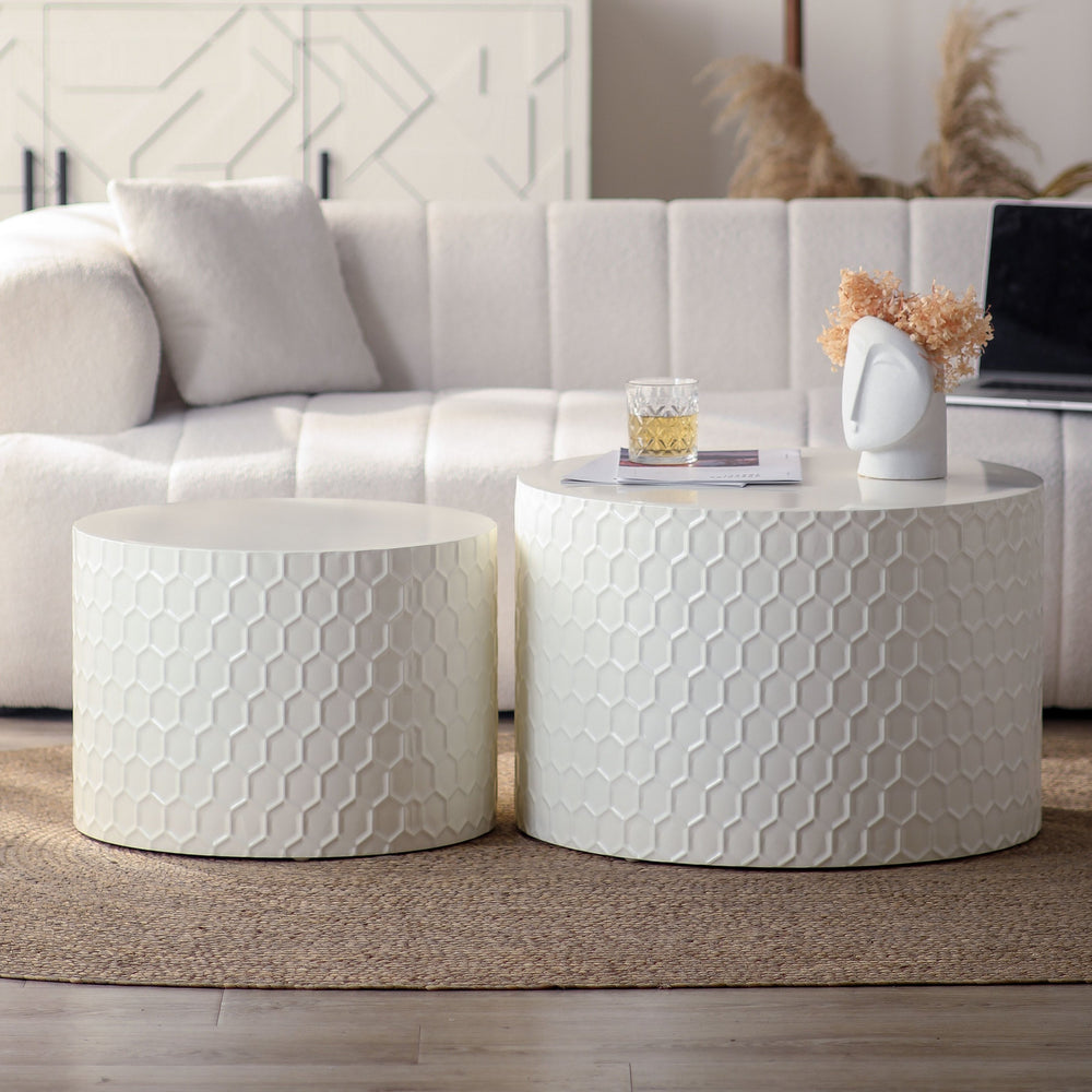 English Elm Stylish Honeycomb Nesting Coffee Tables Set — Modern Round Drum Design, Durable MDF, Space-Saving Pair Beige W757P206008