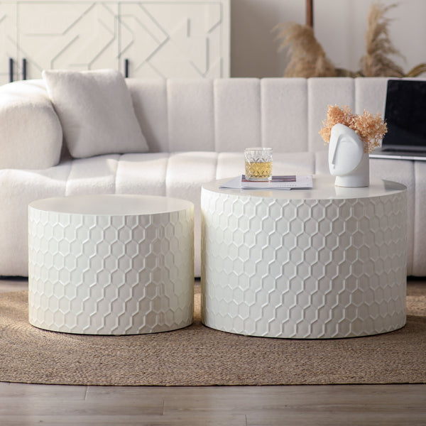 English Elm Stylish Honeycomb Nesting Coffee Tables Set — Modern Round Drum Design, Durable MDF, Space-Saving Pair Beige W757P206008