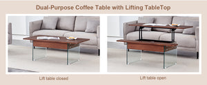 English Elm Multifunctional Lift Top Coffee Table with Tempered Glass Legs, Ergonomic Storage and Durable MDF Finish Wood W2920P226074