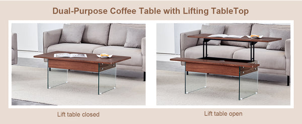 English Elm Multifunctional Lift Top Coffee Table with Tempered Glass Legs, Ergonomic Storage and Durable MDF Finish Wood W2920P226074
