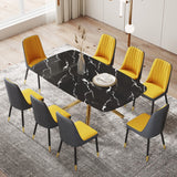 Hearth and Haven Large Modern Minimalist Rectangular Dining Table with 0.39 "Imitation Marble Black Tabletop and Golden Metal Legs, Paired with Chairs with Leatherette Cushions and Black Metal Legs. F-1537 C-007 W1151S00875 W1151S00875