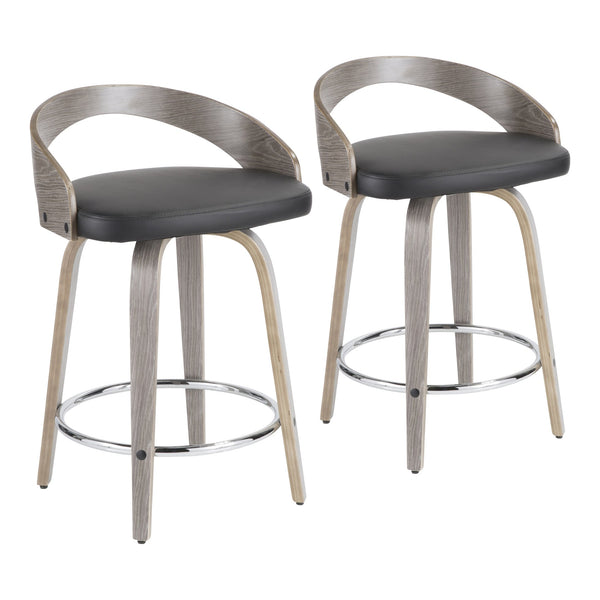 English Elm Grotto Mid-Century Counter Stool Set of 2 — Swivel Faux Leather Seats, Light Grey Wood Legs, Chrome Footrest B202P222353