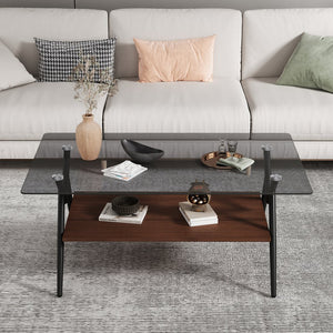 English Elm Coffee Table Set Of 3 With Gray Tempered Glass Top, Stylish Mdf Shelf & Iron Legs For Modern Living W241S00047