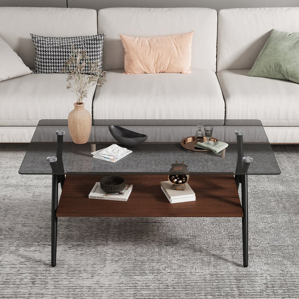 English Elm Coffee Table Set Of 3 With Gray Tempered Glass Top, Stylish Mdf Shelf & Iron Legs For Modern Living W241S00047