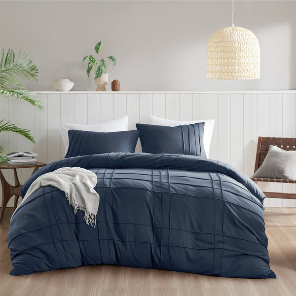 JLA Home Comfort Spaces - Soft Washed Pleated Duvet Cover Set with OEKO-TEX Soft Microfiber, Grid Pinch-Pleat & Button Closure Navy AM12-0437