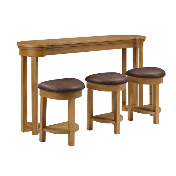 English Elm 4 Piece Bar Table Set with 3 Padded PU Stools, Solid Pine Legs, Oak Veneer Top, Rustic Rivet Accents Natural W1202P289364