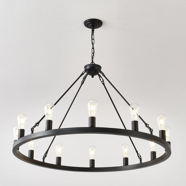 English Elm 39.4 Inch Wagon Wheel Chandelier 12-light Matte Black Farmhouse Pendant for Foyer Dining W5008P389282