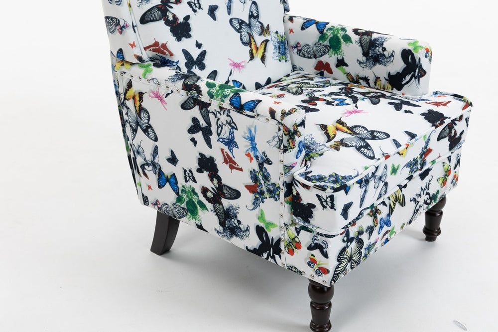 English Elm Upholstered Accent Chair with Porcelain-Print Linen, Nailhead Trim, High-Density Foam Comfort and Solid Wood Frame White W2530P364991