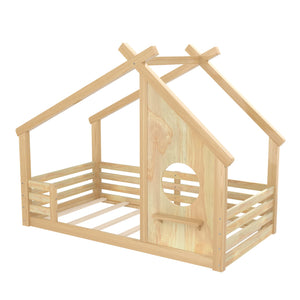 English Elm Twin House Floor Bed with Window & Shelf, Solid Wood Pitched Roof Design for Safe Cozy Sleep Natural W1580P362691