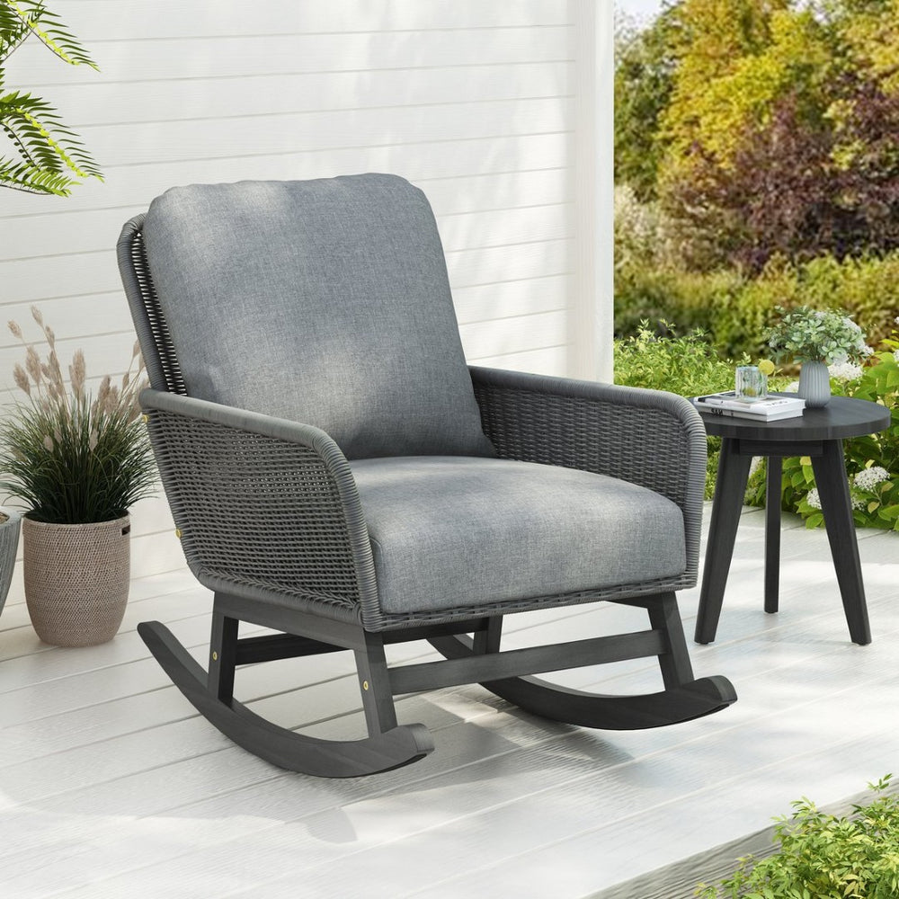 English Elm Contemporary Wicker Rocking Chair Pe Rattan Weave Wooden Frame Plush Cushions Patio Gray N767P229004G