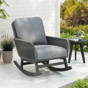 English Elm Contemporary Wicker Rocking Chair Pe Rattan Weave Wooden Frame Plush Cushions Patio Gray N767P229004G