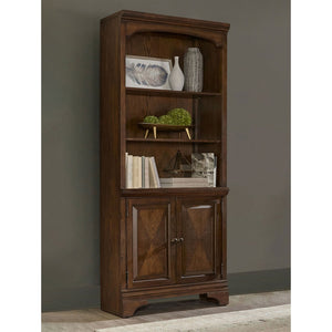English Elm Stigham Burnished Oak Bookcase with 5-Tier Shelves, 3 Adjustable, 2-Door Cabinet & Wire Management B062P357844