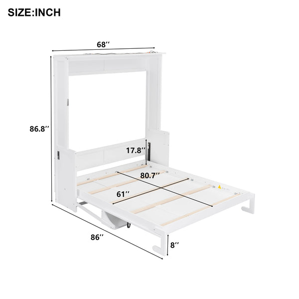 English Elm Queen Murphy Bed with Desk, Built-In LED Lights, USB Charging Ports & Space-Saving Modern Design White N7500004014K