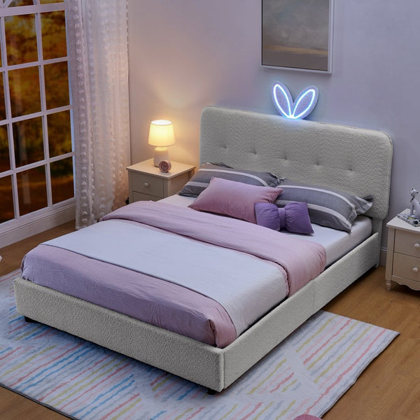 English Elm Queen Boucle Upholstered Kids Bed with Rabbit Ear Headboard Led Lighting Storage Drawers Beige W1413P384927