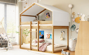 English Elm Twin Over Kids Bunk Bed with Tent Canopy Farmhouse Pinewood Playroom Frame Natural N708P248523M