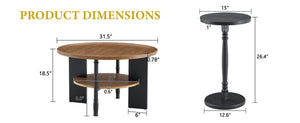 English Elm 2-piece Round Coffee and Side Table Set Walnut Grain Storage Shelf Living Room W1151P433331