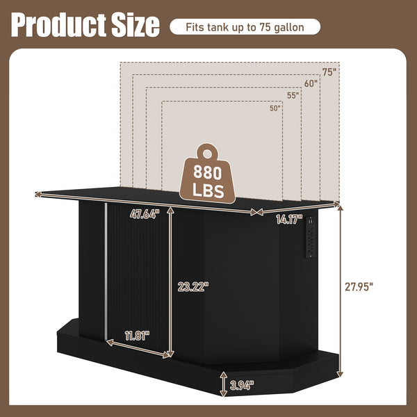 English Elm Modern Engineered Wood Aquarium Stand with Cabinet & Power Hub, 880lb Capacity, Sleek Black Storage N704P350199B