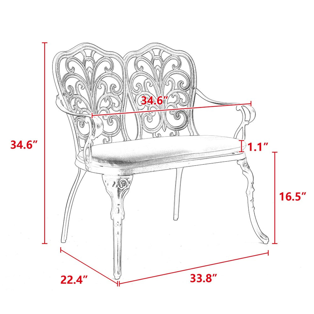 English Elm Patio Garden Bench - Elegant Cast Aluminum With Floral Rose Design, Cushioned Comfort For Outdoor Bliss W640P250989-GIGA
