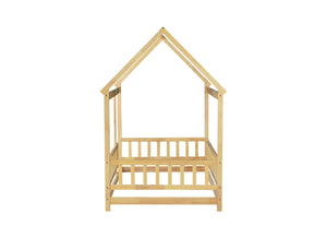 English Elm Twin Size House Floor Bed With Roof Frame & Safety Guardrails - Cozy & Imaginative Playtime Haven W504P286404-GIGA