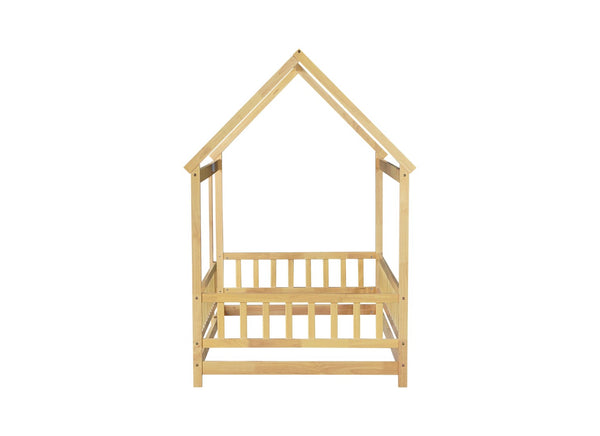 English Elm Twin House Shaped Floor Bed Solid Rubberwood Frame with Guardrails for Kids W504P370545