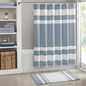 JLA Home Madison Park - Shower Waffle-Textured Stripe Curtain with Scotchgard Water-Repellent Finish for Spa-Like Bathrooms Blue MP70-8552