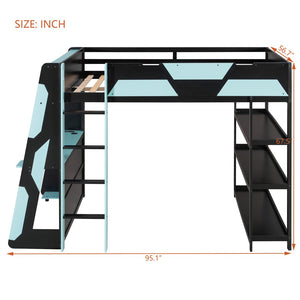 English Elm Full Size Gaming Loft Bed with Led Lighting Desk Shelves and Usb Charging Ports Black+Blue N820S00076C
