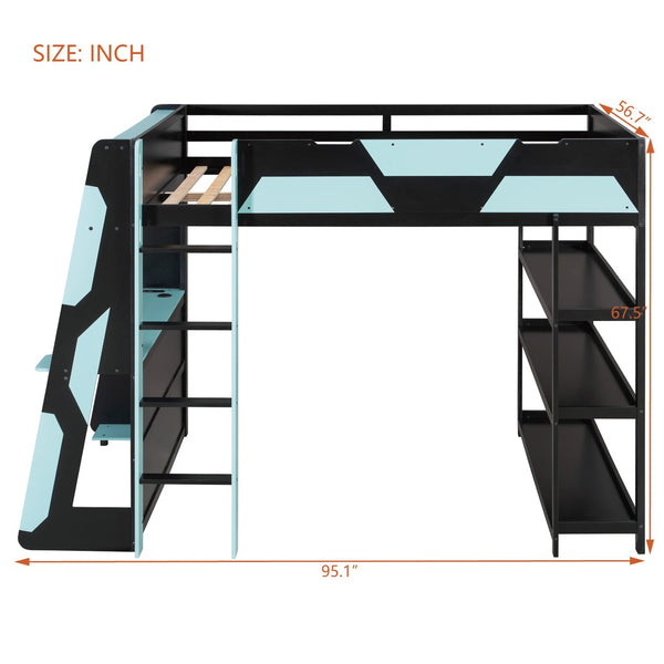 English Elm Full Size Gaming Loft Bed with Led Lighting Desk Shelves and Usb Charging Ports Black+Blue N820S00076C