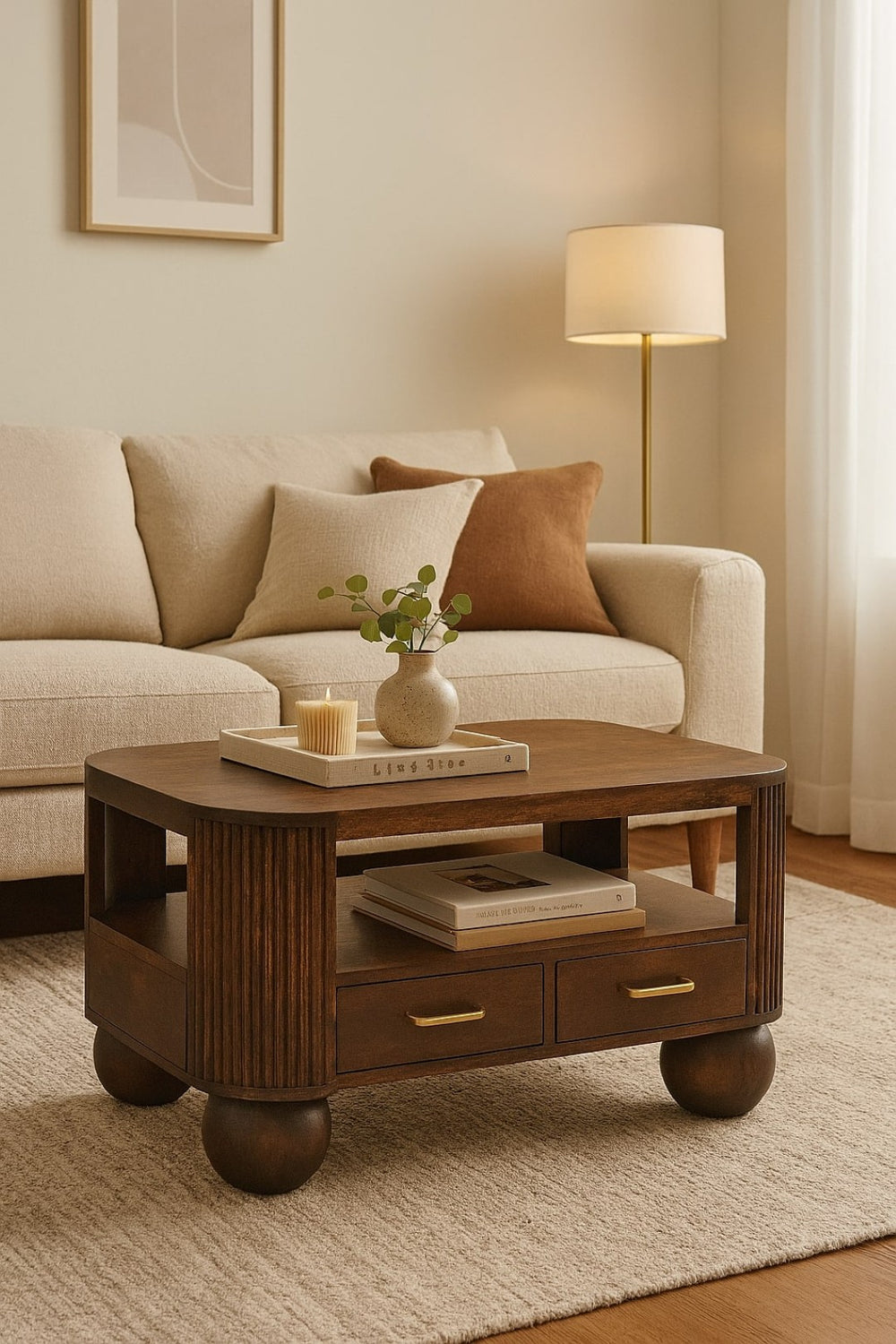 English Elm Solid Wood Coffee Table With Bold Sphere Legs, California Walnut Finish, 2 Drawers & Shelf Storage B182P372171-GIGA