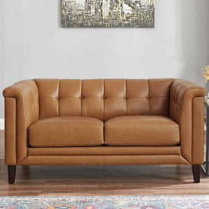 English Elm Arvo Leather Loveseat with Top-Grain Seating, Pocket Coil Cushions, Feather-Memory Comfort, Durable Frame Cognac B2705P326721