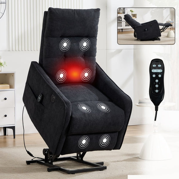 English Elm Beige Chenille Power Lift Recliner with Massage Heat and Usb for Senior Comfort Black W1803P369081