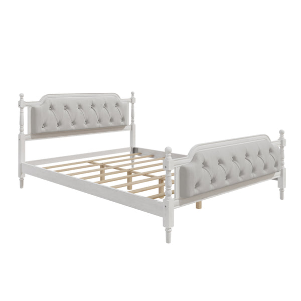 English Elm Traditional Solid Wood Bed Frame with Tufted Upholstered Headboard, No Box Spring Needed, Sturdy Support Antique White 83.1 L x 15.5 W x 5.1 H BS701P242647K
