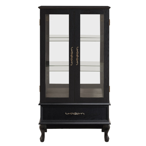 English Elm Lighted Curio Cabinet with Vintage Carved Handles, LED Display, Adjustable Shelves & Hidden Drawer 40" W2275P389711