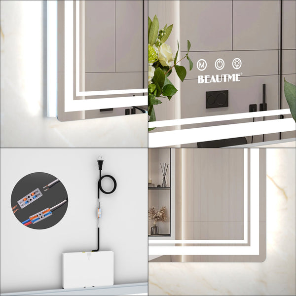 English Elm 60x40 LED Bathroom Mirror with Aluminum Frame, IP44 Waterproof, 3-Mode Touch Dimmer, Plug or Hardwire W708P235376