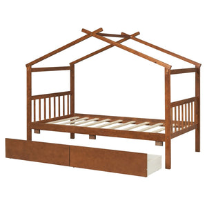 English Elm Twin House Bed Solid Pine Kids Cottage Frame with Storage Drawers Imaginative Room Walnut N708P309245L