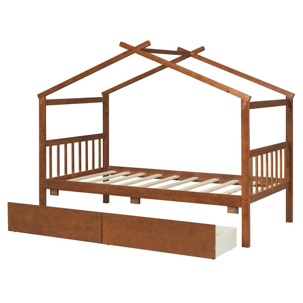 English Elm Twin House Bed Solid Pine Kids Cottage Frame with Storage Drawers Imaginative Room Walnut N708P309245L