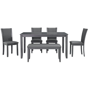 English Elm 6-Piece Modern Dining Table Set For 6 - Stylish Grey Wooden Table, Bench & Upholstered Chairs W1998S00066