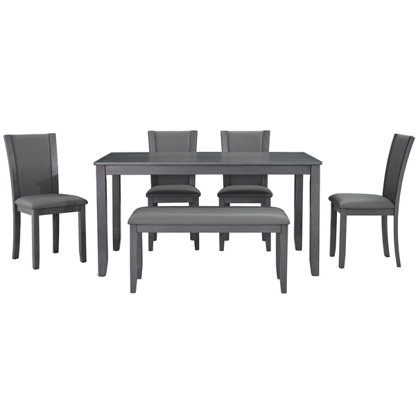 English Elm 6-Piece Modern Dining Table Set For 6 - Stylish Grey Wooden Table, Bench & Upholstered Chairs W1998S00066