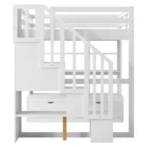 English Elm Full Full Size Loft Bed with Desk, Shelves, Two Drawers and Storage Staircase in Warm Wood Finish White GX000397AAK