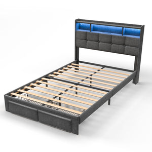 English Elm Full Linen Upholstered Bed with LED Lights, 20W Fast Charging, 2 Drawers & Memory Foam Headboard - Dark Gray W1550P190361
