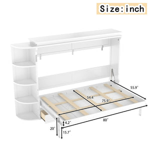 English Elm Full Size Murphy Wall Bed with Side Cabinets Three Drawers and Shelving for Small Spaces White W1580S00450