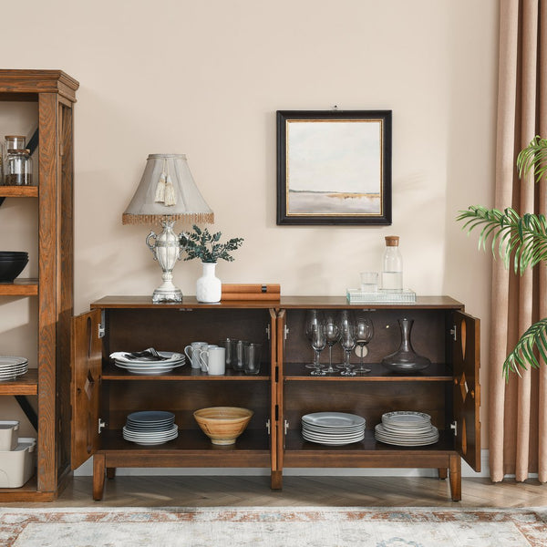 English Elm 60.5" Mid Century Sideboard Buffet with 4 Doors, Adjustable Shelves, Outlet Holes — Walnut TV Console W1801P224330