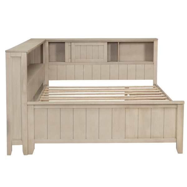 English Elm Full Full Size Wood Daybed with 3 Drawers & Shelves, Antique White Milk Finish — Storage, Charm, 400lb Capacity GX002214AAK