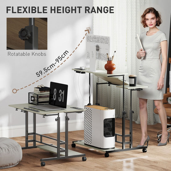 English Elm Homcom Rolling Standing Desk with Power Outlets Usb Ports Tiltable Oak Home Office W2225P485619