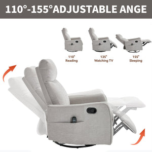 English Elm Blue Fabric Swivel Rocker Recliner with Massage Heat Nodes for Living Room Comfort Light Gray W1803P321838