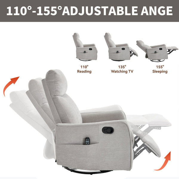 English Elm Blue Fabric Swivel Rocker Recliner with Massage Heat Nodes for Living Room Comfort Light Gray W1803P321838