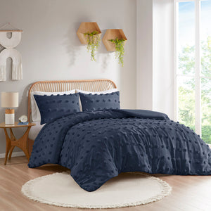 JLA Home Intelligent Design - Clip Clip Jacquard Duvet Cover Set with Pompom Texture, OEKO-TEX, Antimicrobial, Button Closure Navy ID12-2281